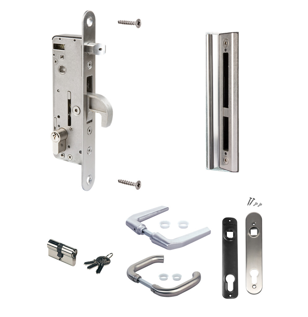 Complete, stainless steel insert lock set for metal and aluminium gates