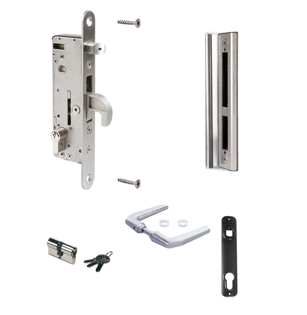 Complete, stainless steel insert lock set for metal and aluminium gates