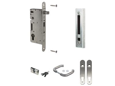 Complete, stainless steel insert lock set for wooden gates